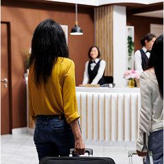 Hotel reception area with warm lighting